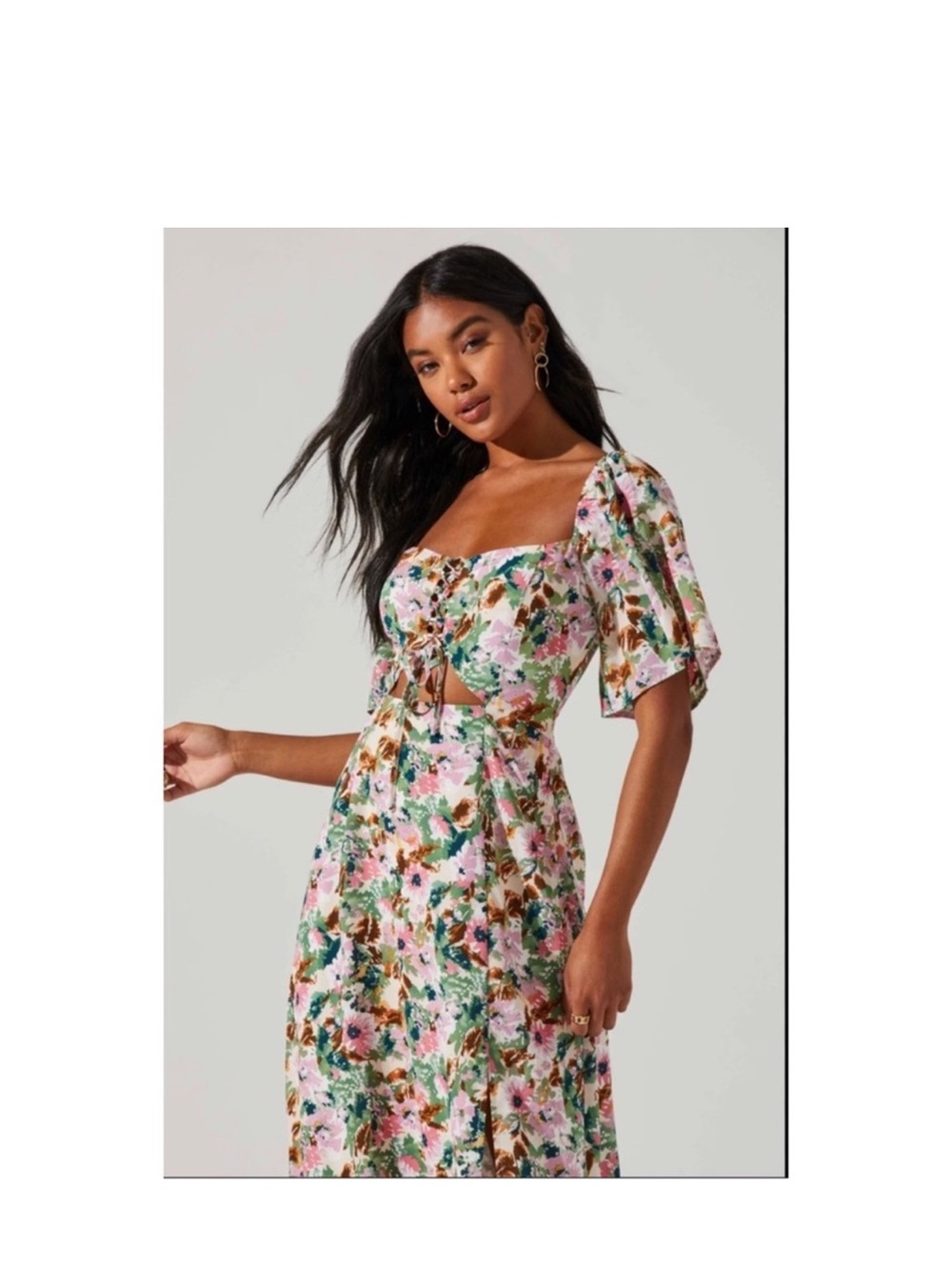 Astr Floral Tie-Front Midi Dress in Pink and Green